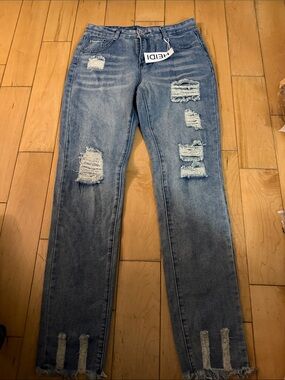 Women's Slim Straight Distressed Jeans - Light Blue